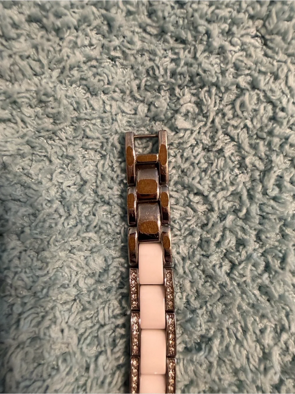 Armitron Ceramic Watch Silver Tone Crystal Accented Bracelet Mother of Pearl